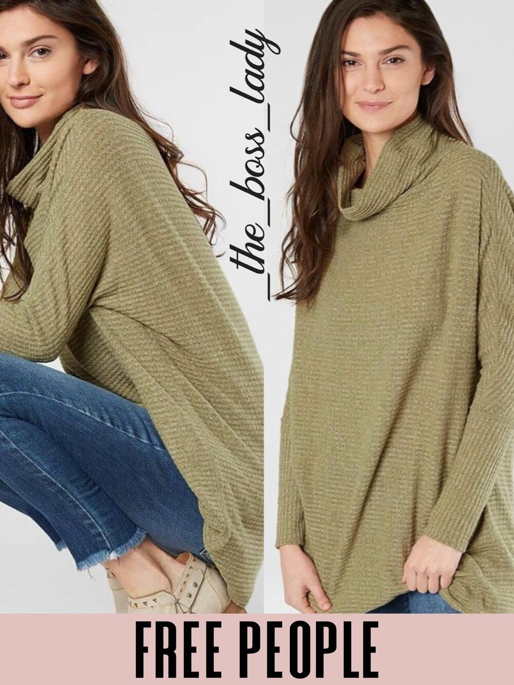 Free People pullover sweater oversized thermal boho tunic cozy casual green XS